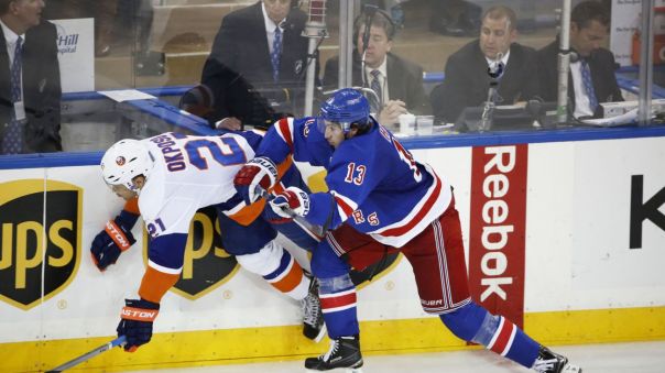 Kevin Hayes hits Kyle Okposo