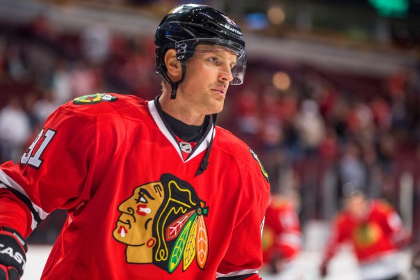 23 September 2014: Chicago Blackhawks center Brad Richards (91) in action during a preseason game between the Chicago Blackhawks and the Detroit Red Wings at the United Center, in Chicago, IL.