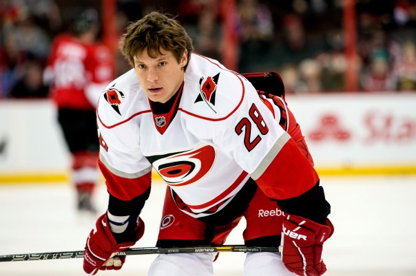 Feb 7, 2013; Ottawa, ON, CAN; Carolina Hurricanes right wing Alexander  Semin (28) during warmup prior to game against the Ottawa Senators at Scotiabank Place. Mandatory Credit: Marc DesRosiers-USA TODAY Sports