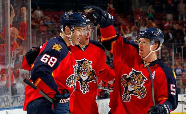 SUNRISE, FL - MARCH 1: Jaromir Jagr #68 of the Florida Panthers celebrates his goal with teammates Aaron Ekblad #5 and Brian Campbell #51 the Tampa Bay Lightning at the BB&T Center on March 1, 2015 in Sunrise, Florida. (Photo by Eliot J. Schechter/NHLI via Getty Images)