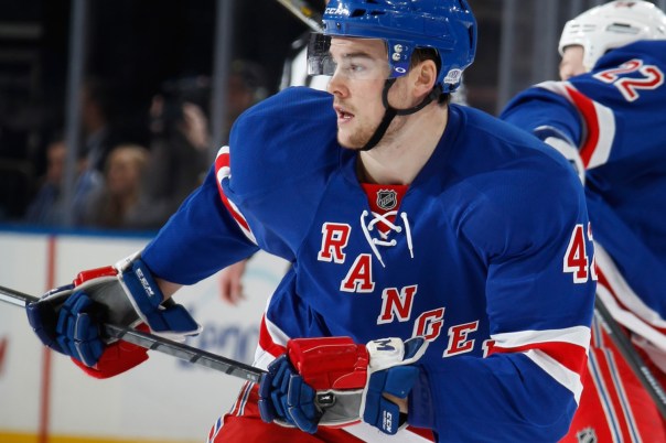 NEW YORK, NY - DECEMBER 12:  Dylan McIlrath #42 of the New York Rangers skates against the Columbus Blue Jackets at Madison Square Garden on December 12, 2013 in New York City. (Photo by Scott Levy/NHLI via Getty Images)