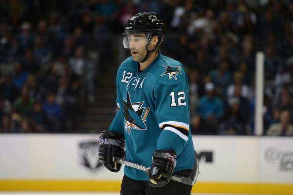 October 19, 2013; San Jose, CA, USA; San Jose Sharks center Patrick Marleau (12) during the second period against the Calgary Flames at SAP Center at San Jose. The Sharks defeated the Flames 6-3. Mandatory Credit: Kyle Terada-USA TODAY Sports